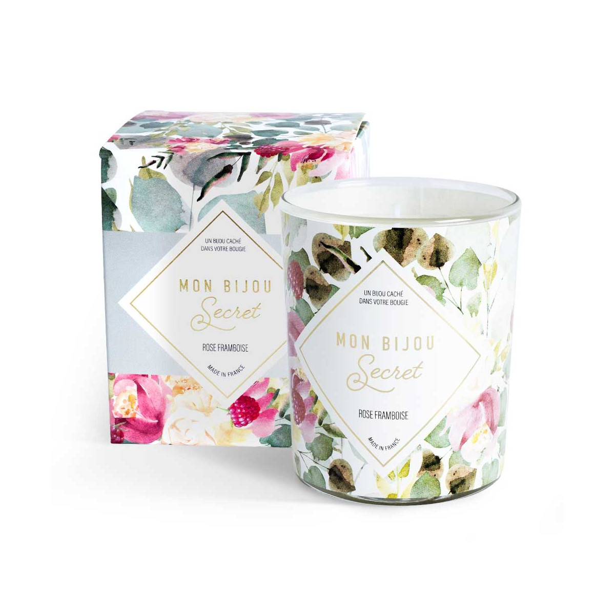 Bougie Bijou Rose Framboise collier argenté