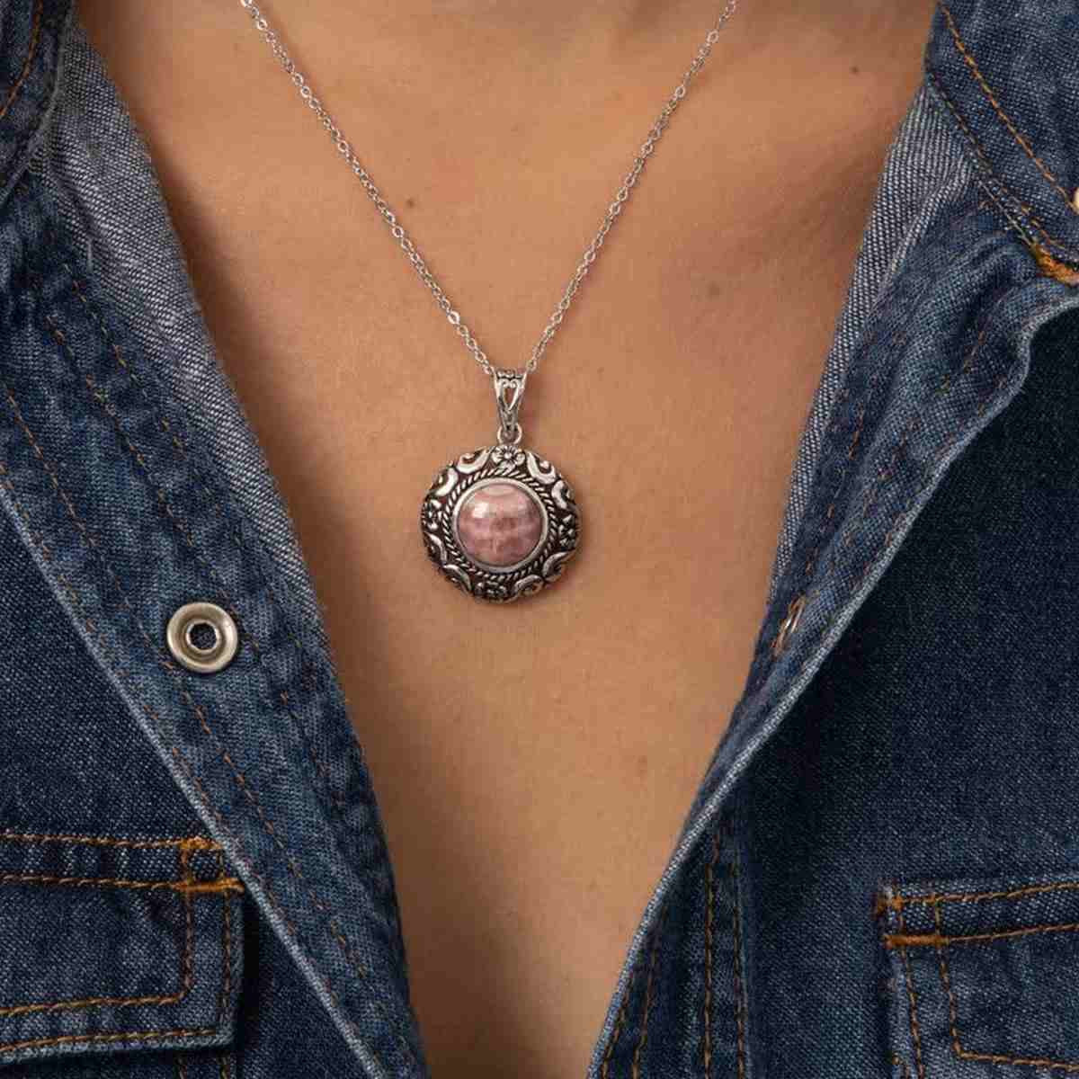 pendentif pierre de rhodochrosite rose chaîne en argent Pendentif "Ocote" Rhodochrosite 5,80ct et Argent Massif 925/1000