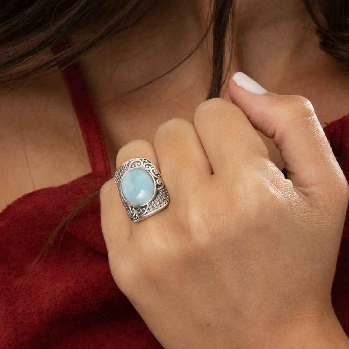 Bague argent massif et pierre naturelle Bague "Frangipani" Larimar 4,80ct et Argent Massif 925/1000