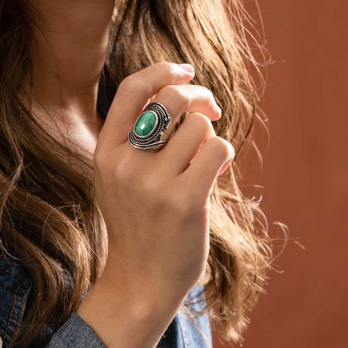 Bague argent massif et pierre naturelle Bague "Cordón" Malachite 3,10ct et Argent Massif 925/1000