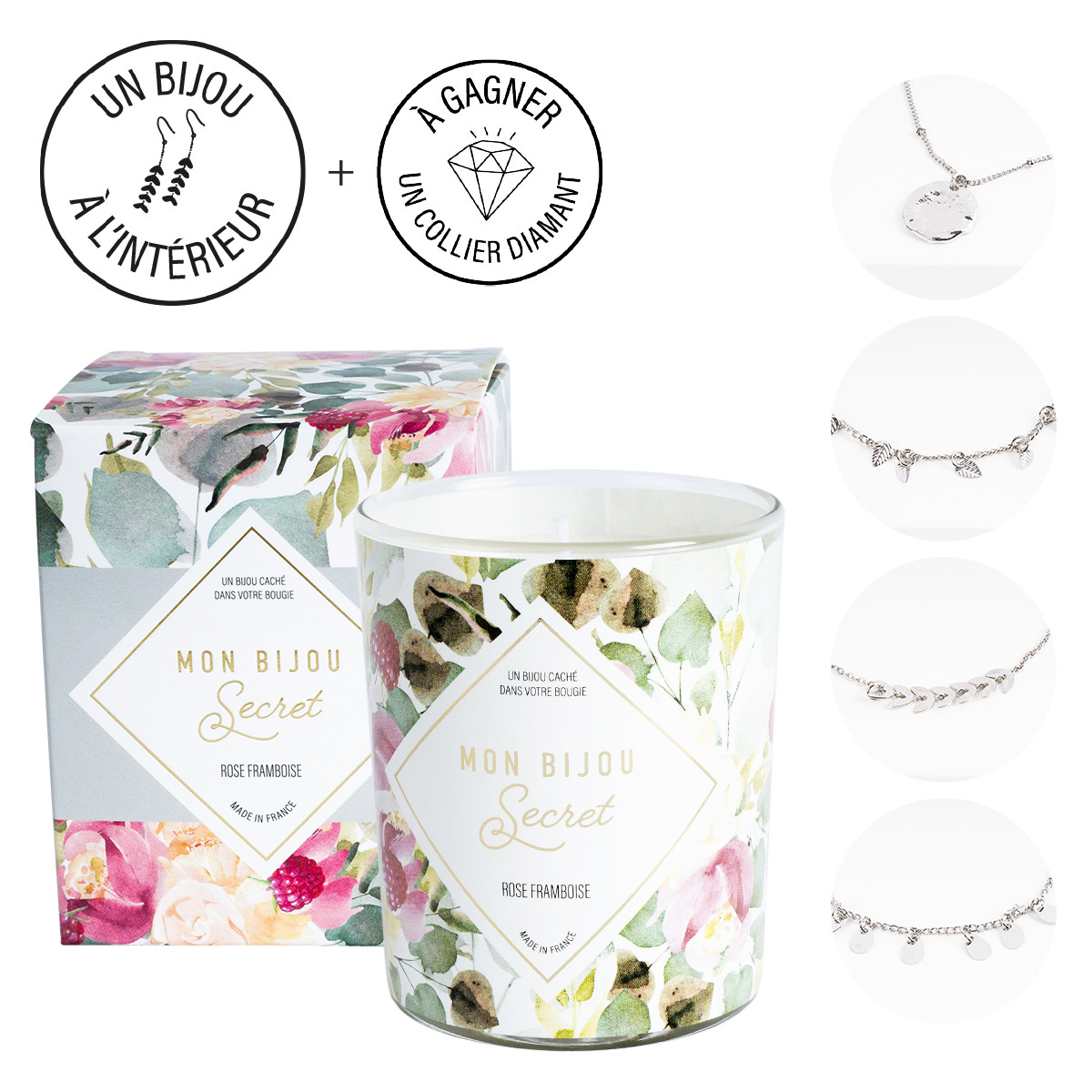 Bougie Bijou Rose Framboise collier argenté