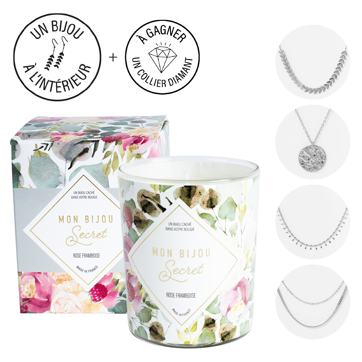 Bougie Bijou parfumée aux huiles essentiels - Rose Framboise Bougie Bijou Rose Framboise collier argenté