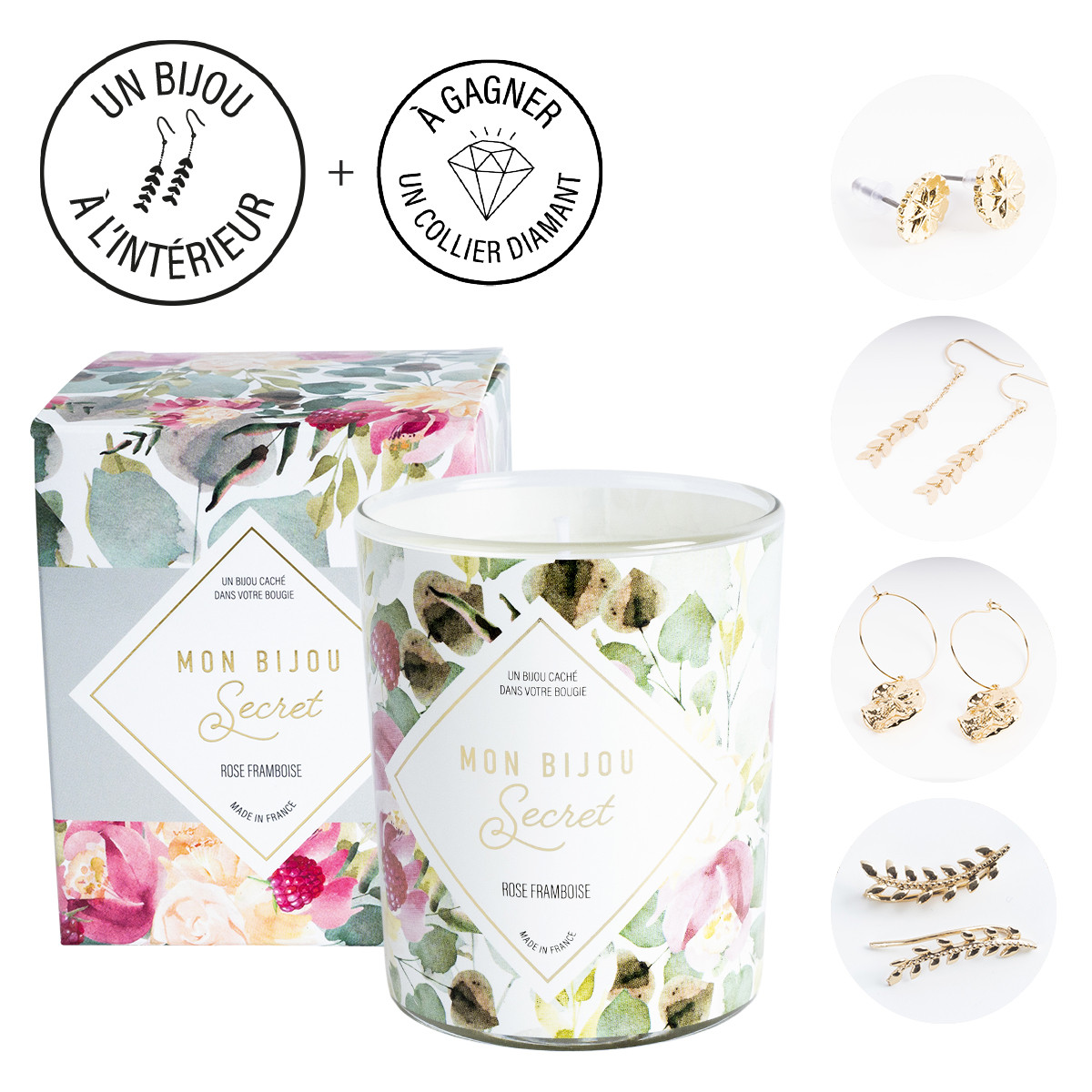 Bougie Bijou Rose Framboise collier argenté