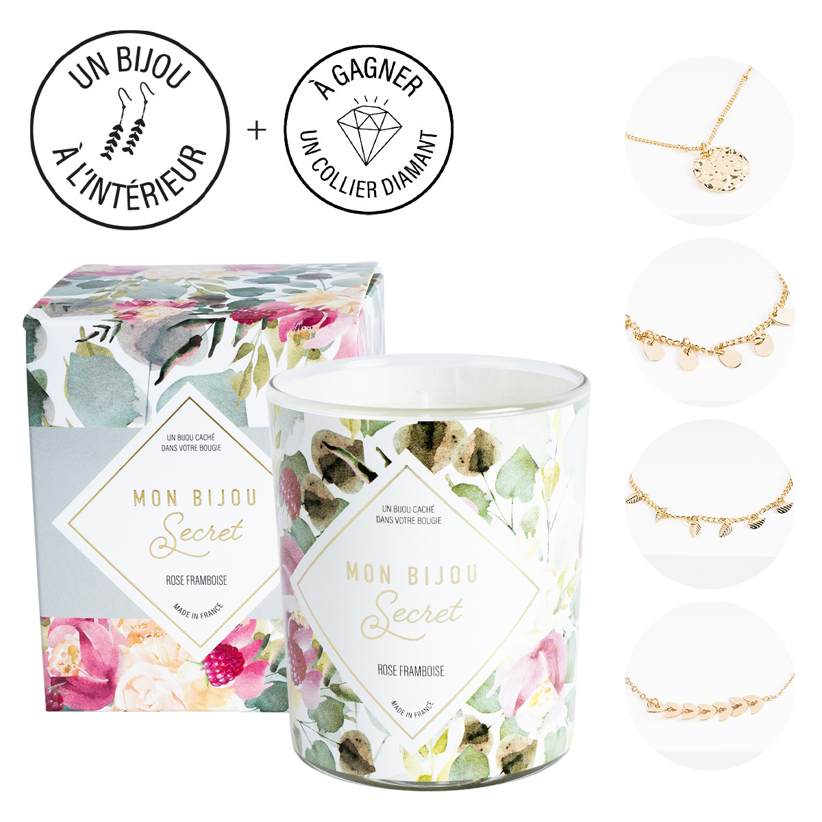 Bougie Bijou parfumée aux huiles essentiels - Rose Framboise Bougie Bijou Rose Framboise collier argenté