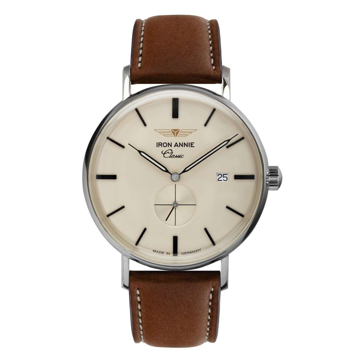 Montre Homme CLASSIC LINE ACIER C/CREME DATE 3H B/CUIR COGNAC Montre Iron Annie Quartz - Beige - 41 mm - I-5938-5