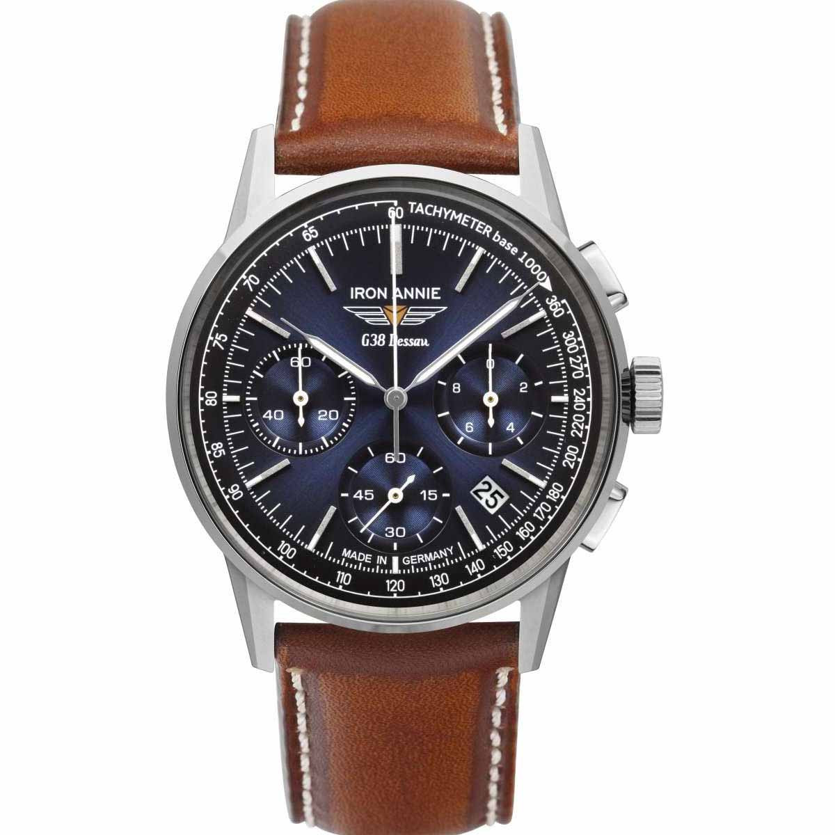 Montre Homme G38 DESSAU CHRONO ACIER BLEU CUIR MARRON Montre Iron Annie Quartz - Bleu - 42 mm - I-5376-3