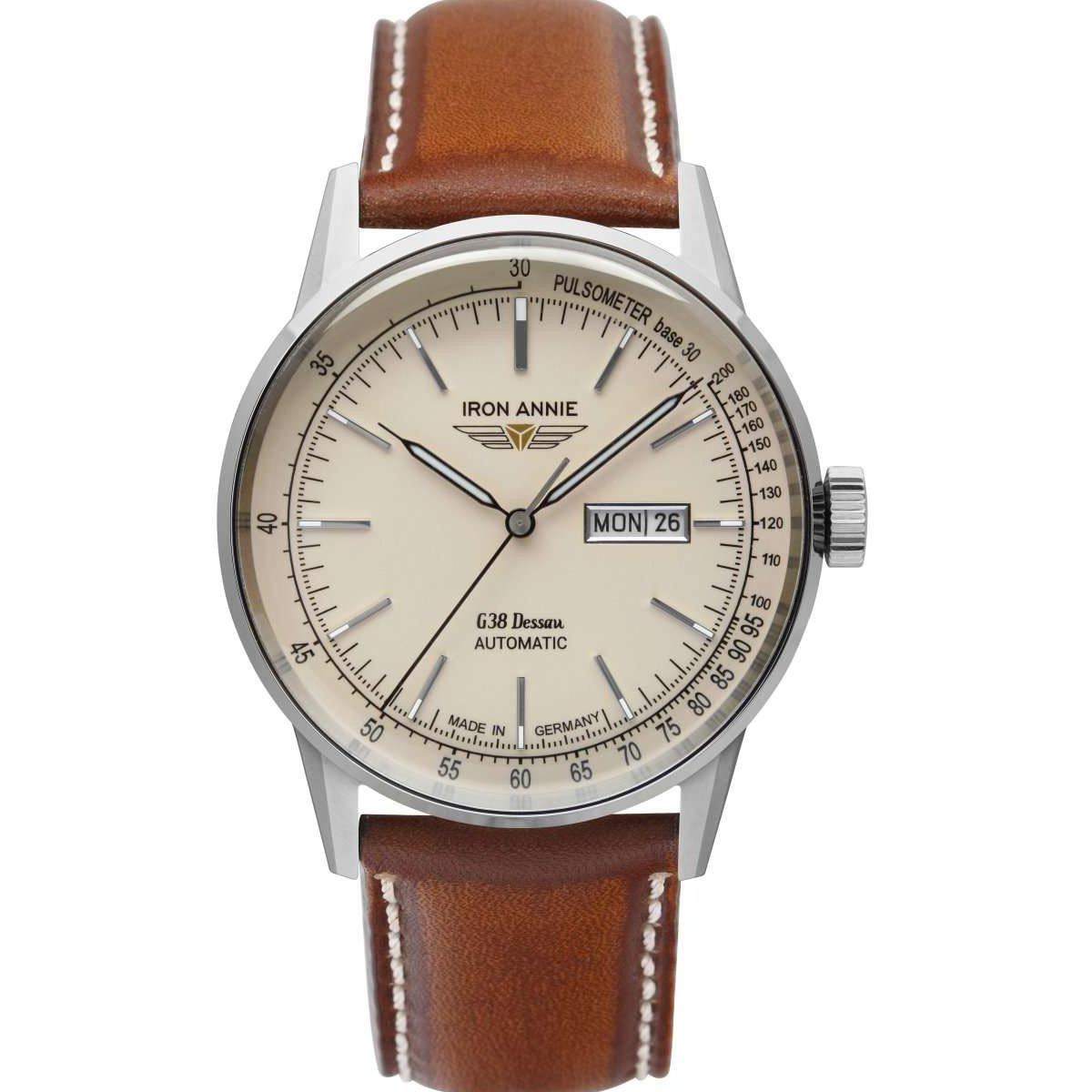 Montre Homme G38 DESSAU AUTO ACIER C/CREME B/CUIR MARRON Montre Iron Annie Automatique - Beige - 42 mm - I-5366-5