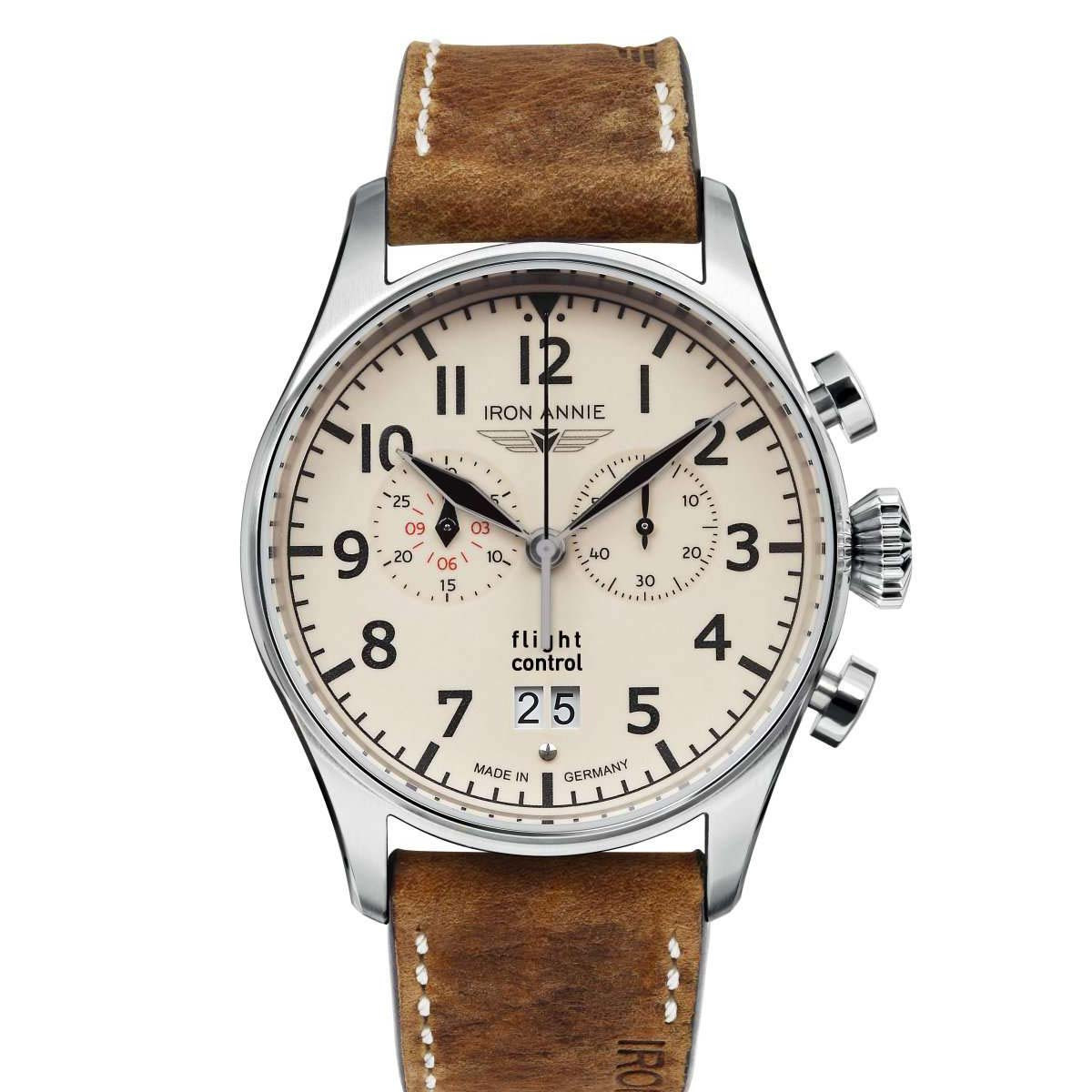 Montre Homme FLIGHT CONTROL CHRONO C/CREME DATE 6H B/CUIR MARRON VINTAGE Montre Iron Annie COCKPIT Quartz - Beige - 42 mm - I-5186-3