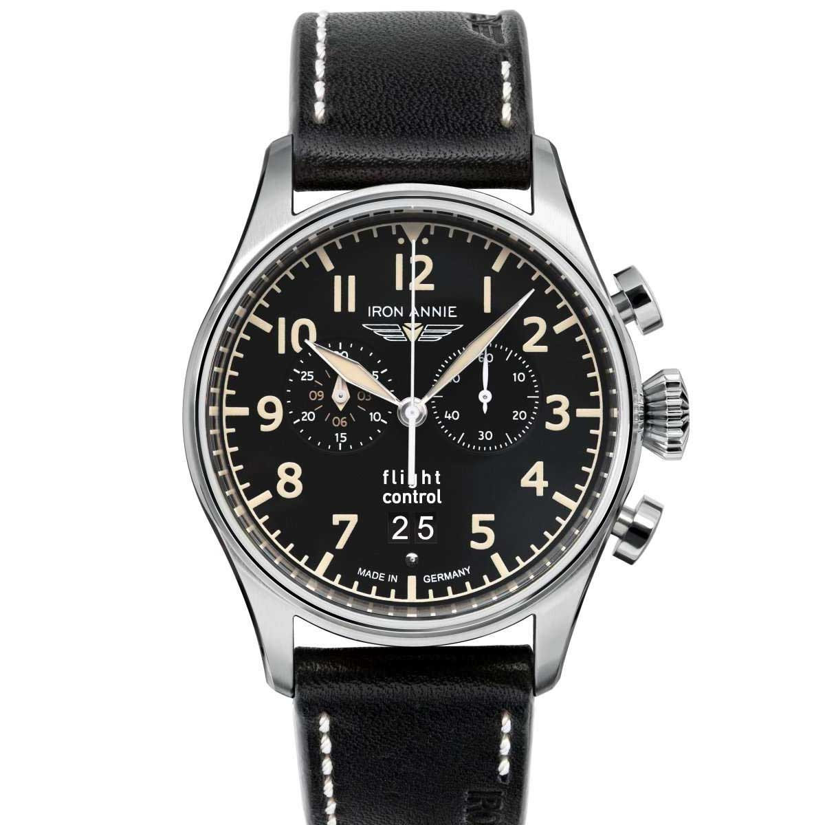 Montre Homme FLIGHT CONTROL CHRONO C/NOIR DATE 6H B/CUIR NOIR Montre Iron Annie COCKPIT Quartz - Noir - 42 mm - I-5186-2