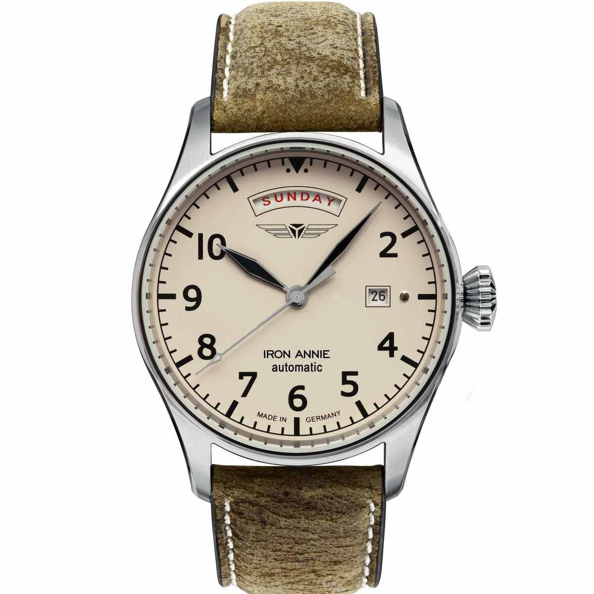 Montre Homme FLIGHT CONTROL AUTO DAY DATE C/CREME DATE 12H ET 3H B/CUIR VINTAGE Montre Iron Annie COCKPIT Automatique - Beige - 42 mm - I-5164-3