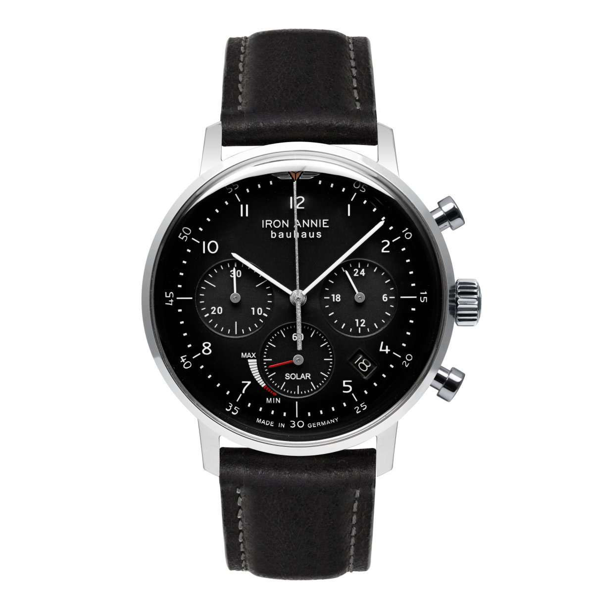 Montre Homme BAUHAUS CHRONO SOLAR POWERED C/NOIR B/CUIR NOIR Montre Iron Annie BAUHAUS Quartz - Noir - 41 mm - I-5086-2