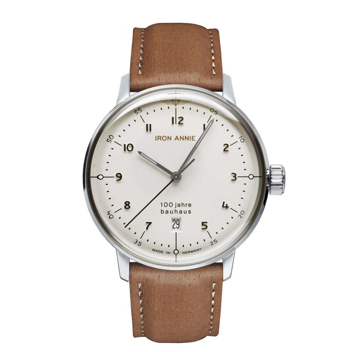 Montre Homme BAUHAUS C/BLANC DATE A 6H B/CUIR MARRON CLAIR Montre Iron Annie BAUHAUS Quartz - Blanc - 40 mm - I-5046-1