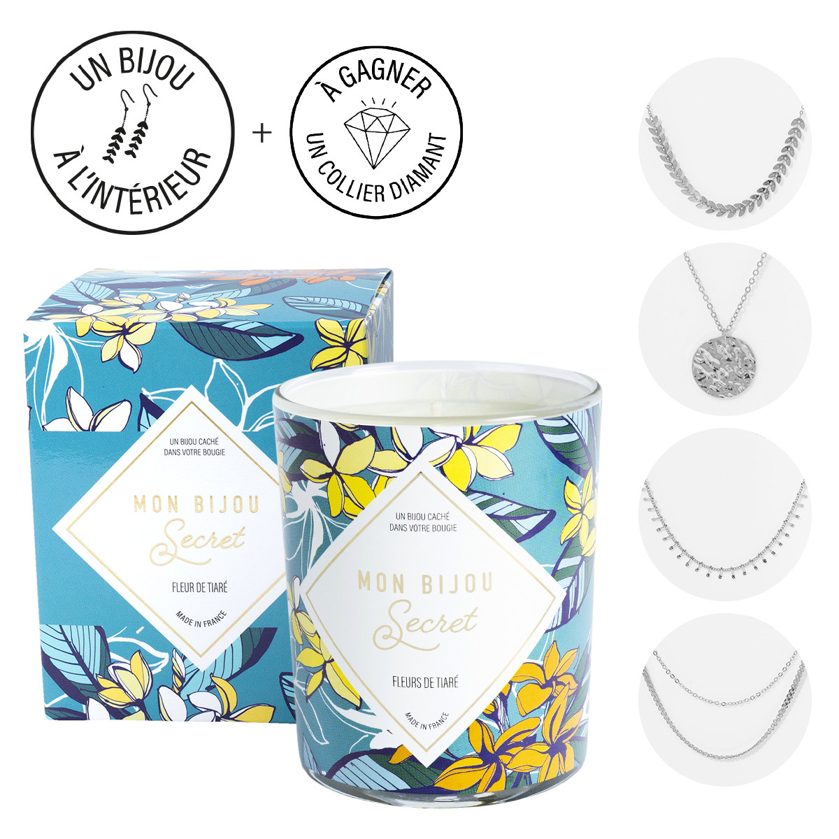 Bougie Bijou parfumée - Fleur de tiaré Bougie Bijou Monoi collier argenté