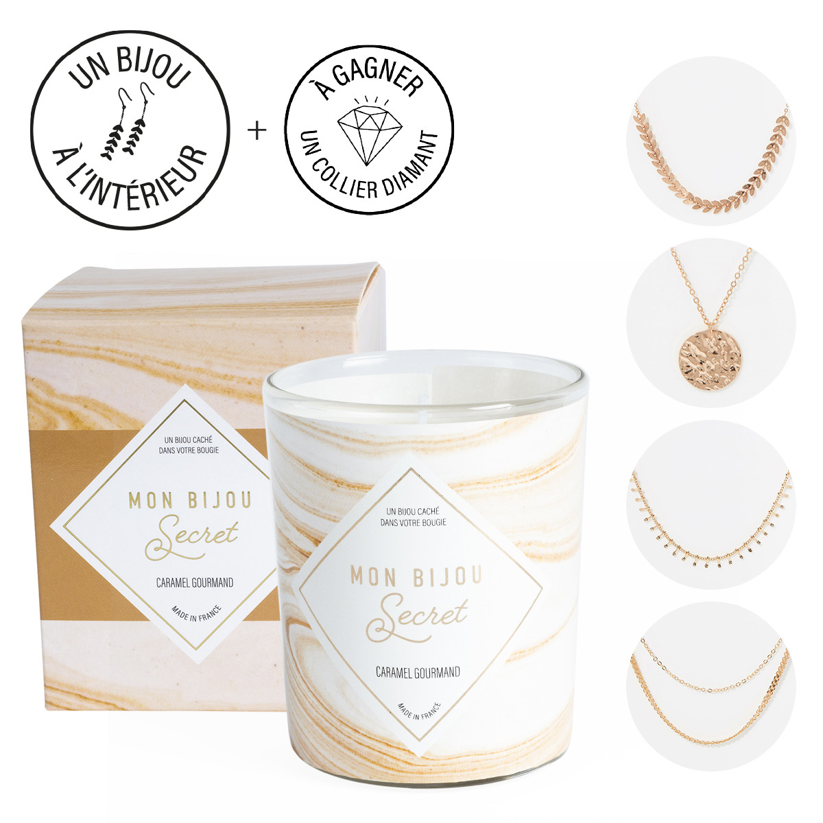 Bougie Bijou Collier doré - Parfum Caramel gourmand - 40h