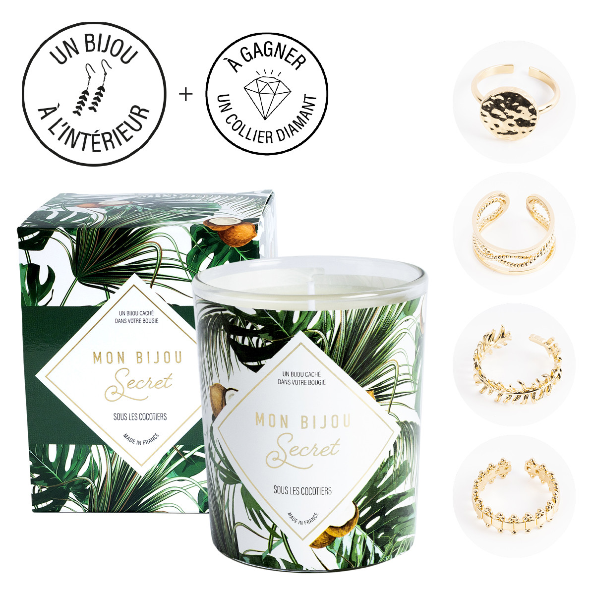 Bougie Bijou Bague Ajustable dorée - Parfum Sous les cocotiers - 40h Bougie Bijou Bague Ajustable dorée - Parfum Sous les cocotiers - 40h