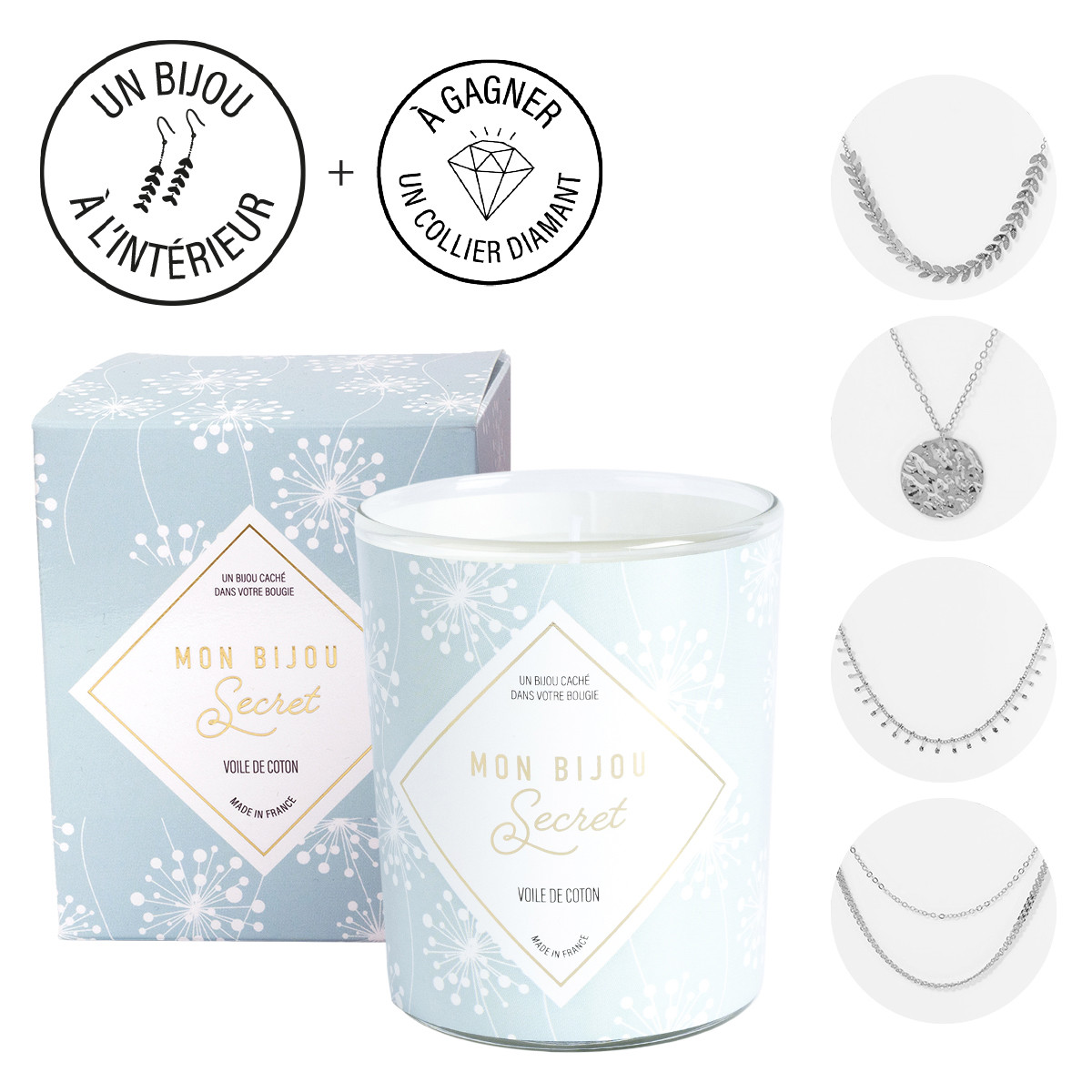 Bougie Bijou Collier argenté - Parfum Voile de coton - 40h