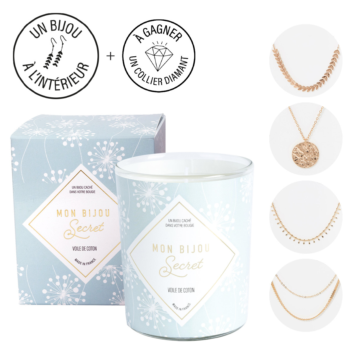 Bougie Bijou Collier doré - Parfum Voile de coton - 40h Bougie Bijou Collier doré - Parfum Voile de coton - 40h