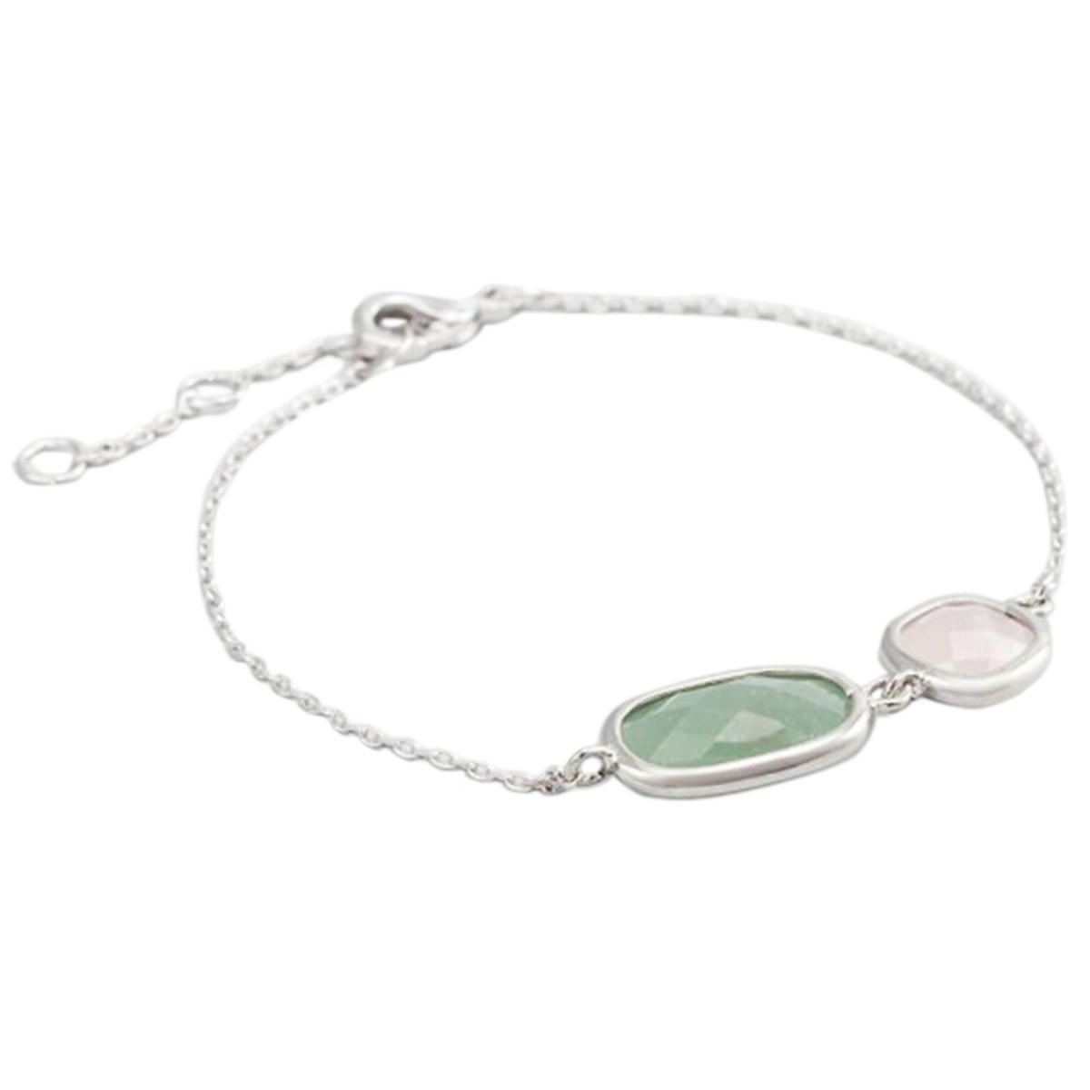 Bracelet chaine laiton argenté monté d'une aventurine verte et d'un quartz vert "Zoé"