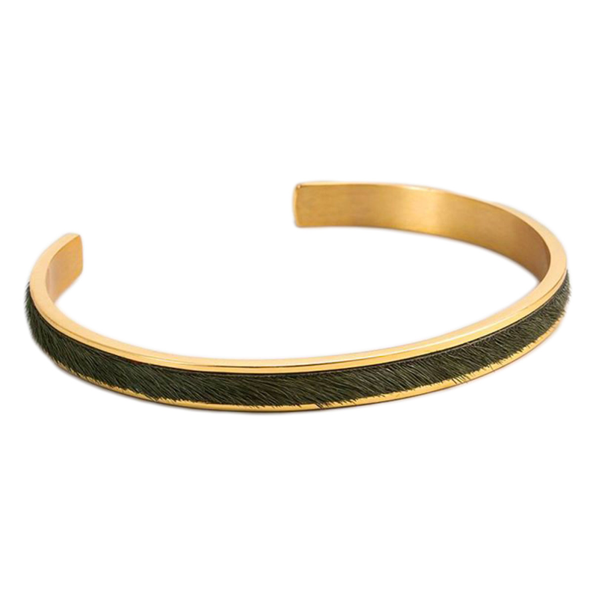 Bracelet jonc ouvert "SHANGHAI" Fausse fourrure Verte finition dorée Bracelet Jonc CLASSISIS émail vert finition dorée