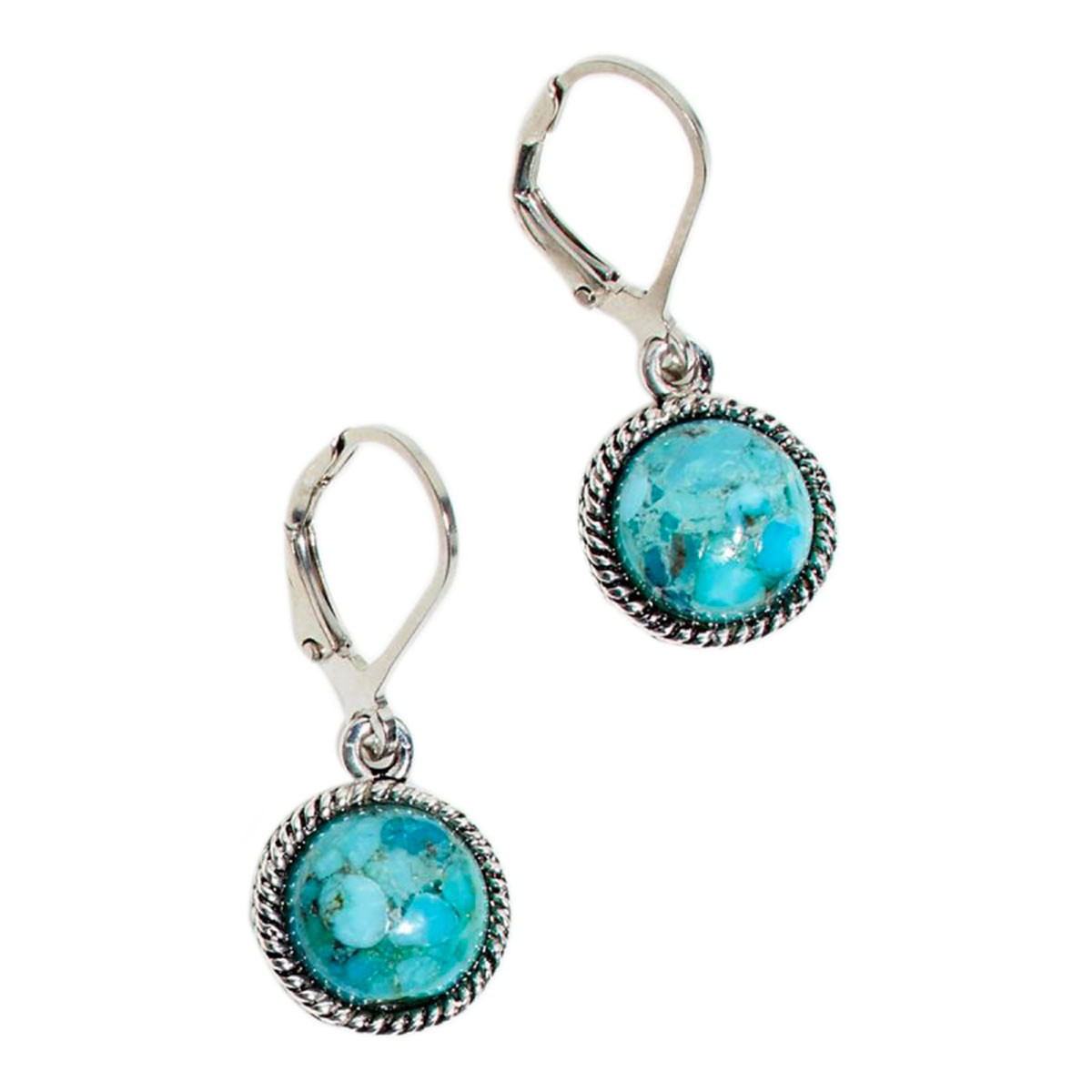 Boucles d'oreilles argent massif pierre centrale de turquoise ronde et motifs ciselés en relief Boucle d'oreilles "Espino" Turquoise 4ct/2 et Argent Massif 925/1000
