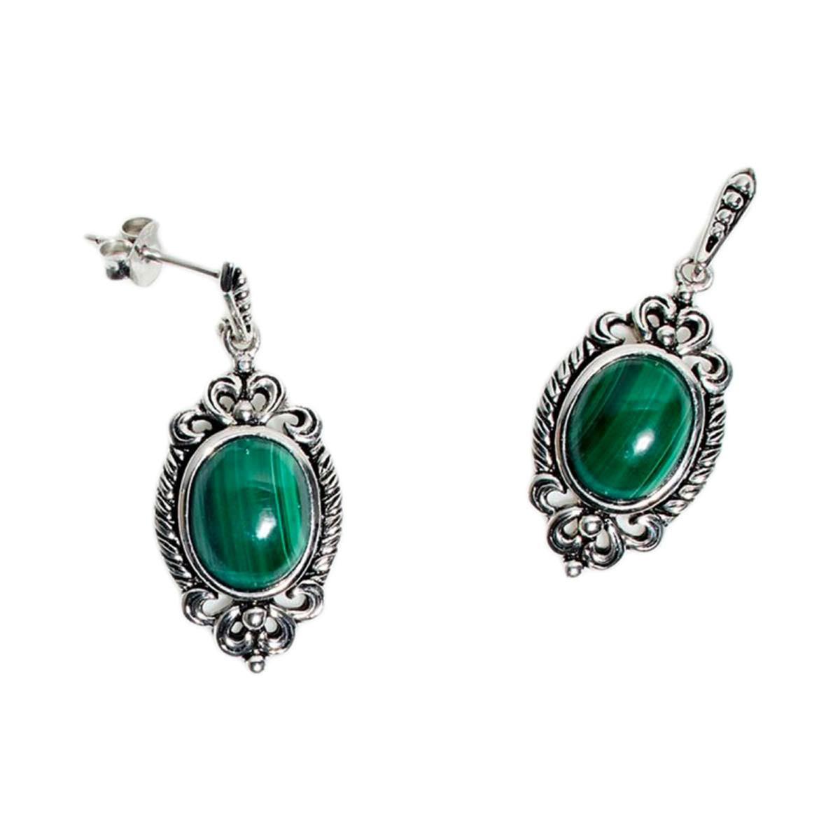 Boucles d'oreilles argent massif pierre de malachite centrale ovale Boucle d'oreilles "Borraja" 4,80ct/2 et Argent Massif 925/1000