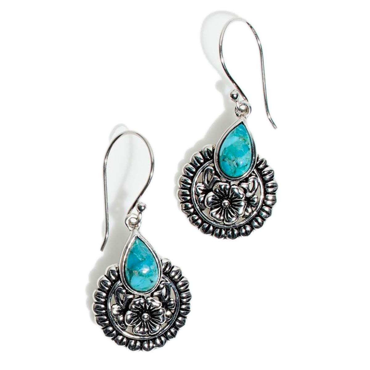 Boucles d'oreilles argent massif turquoise en forme de goutte d'eau fleuri ciselé en relief Boucle d'oreilles "Curuba" Turquoise 1,80ct/2 et Argent Massif 925/1000