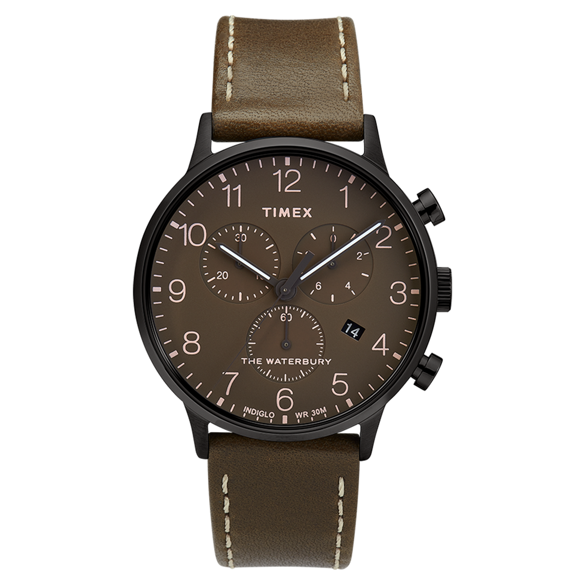 Montre Homme Timex "Waterbury Classic Chrono" Boîtier 40mm en Acier Noir Cadran Marron  - TW2T27900