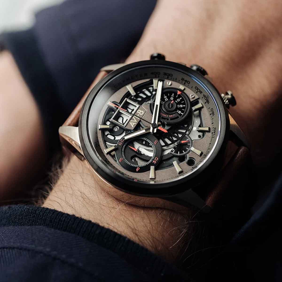 Montre Homme AVI-8 HAWKER HARRIER II Quartz Cadran acier marron bracelet cuir véritable Montre Homme AVI-8 Hawker Harrier II - Quartz Chronographe - AV-4065-06