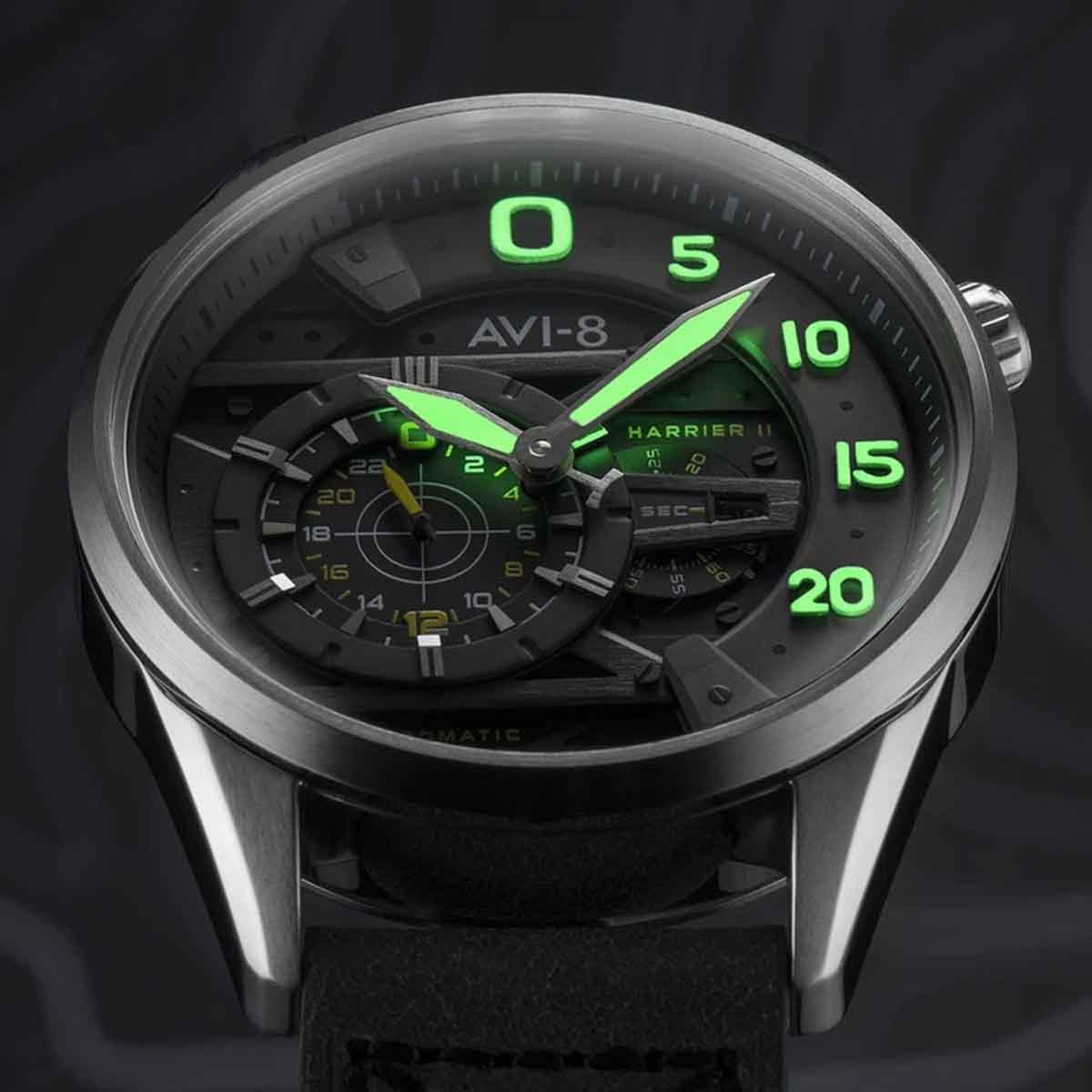 Montre Homme AVI-8 HAWKER HARRIER II Automatique Cadran noir Bracelet cuir vert Montre Homme AVI-8 Hawker Harrier II Automatique - AV-4070-01