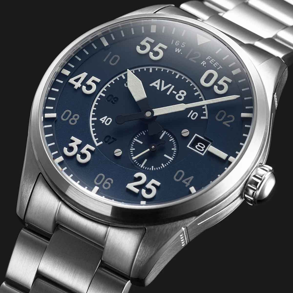 Montre Homme AVI-8 SPITFIRE Automatique Cadran acier bleu Bracelet acier + Bracelet cuir Montre Homme AVI-8 Spitfire - Automatique - AV-4073-11