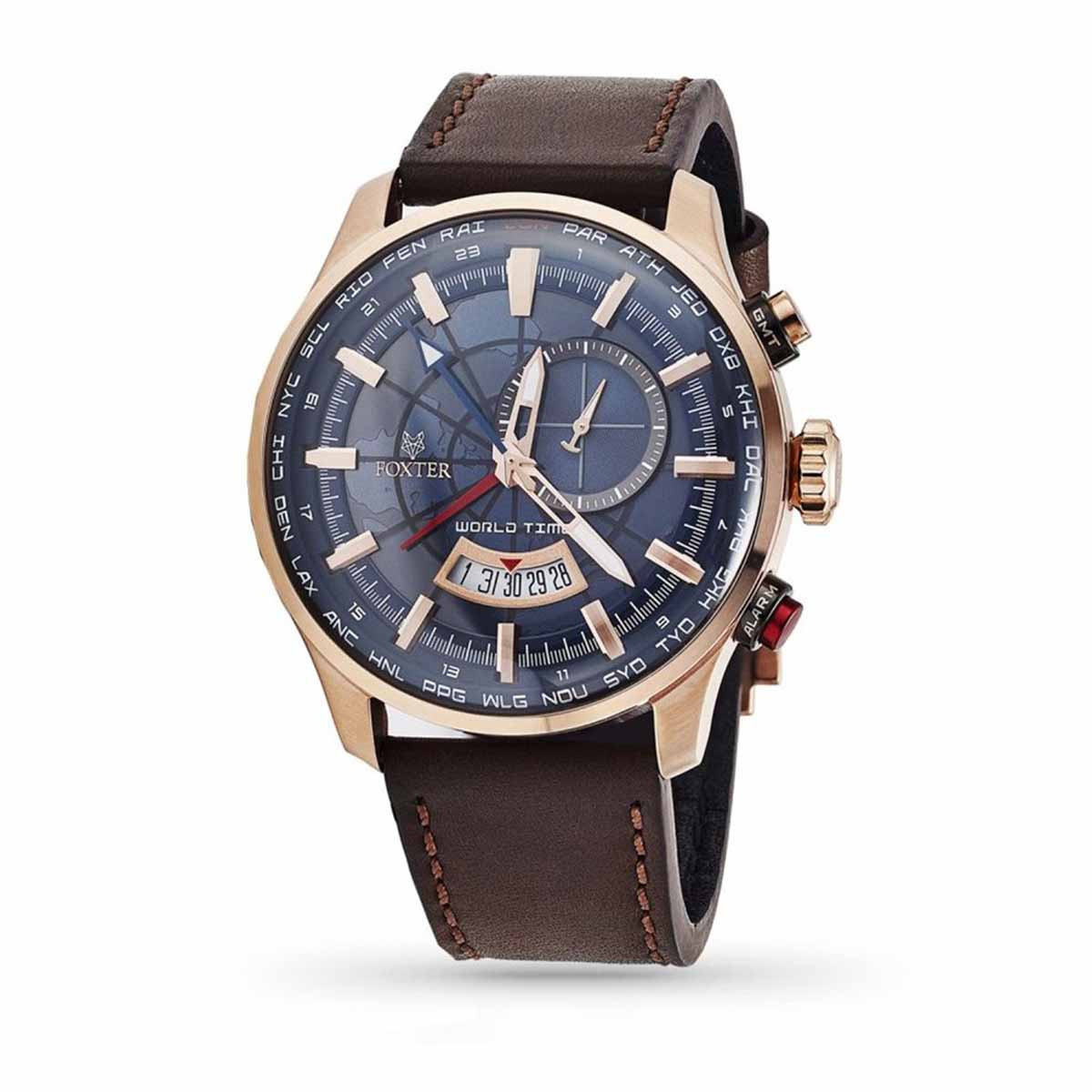 Montre Homme Foxter Avalone bracelet cuir marron, Boîtier Acier PVD Rose et fond bleu - FR6043C4BC2