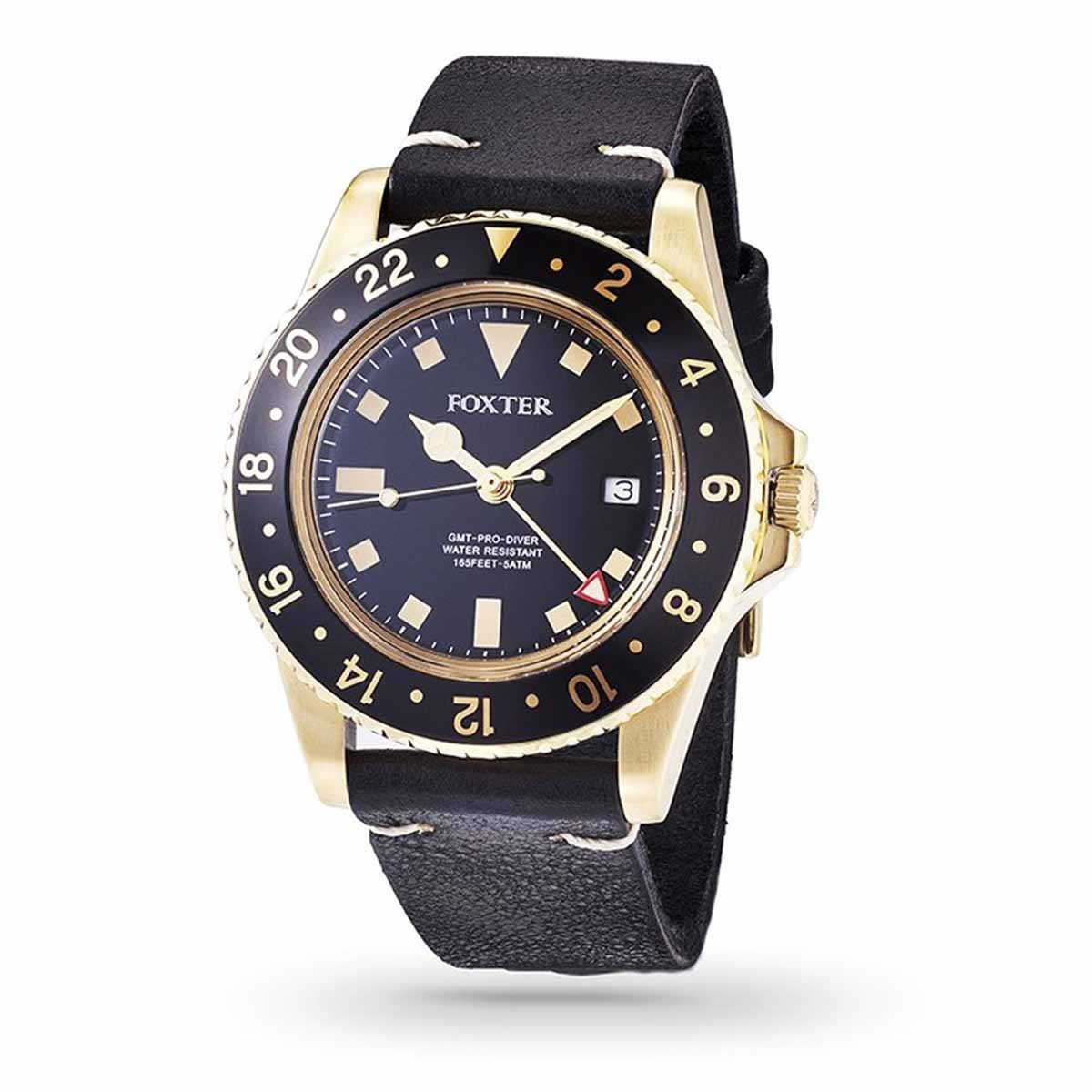 Montre Homme Foxter Sixties bracelet cuir noir, boitier PVD doré et fond noir - SIXTIES1