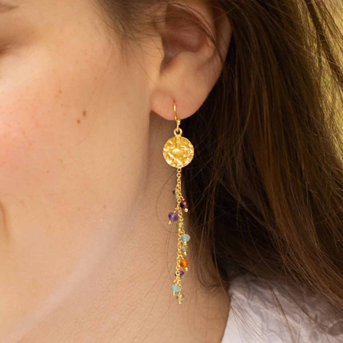 Boucle d'oreilles "Stéllaire" Améthyste  Apatite et Préhnite Laiton doré