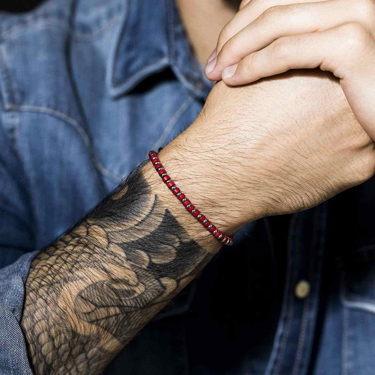 Bracelet Homme ajustable acier et perles de rocaille rouge "RED DISK STONE"