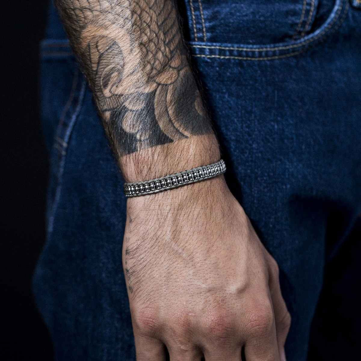 Bracelet Homme acier et cuir gris "GREY WAX CORD" Bracelet Homme cuir et acier "Orion" Taille L
