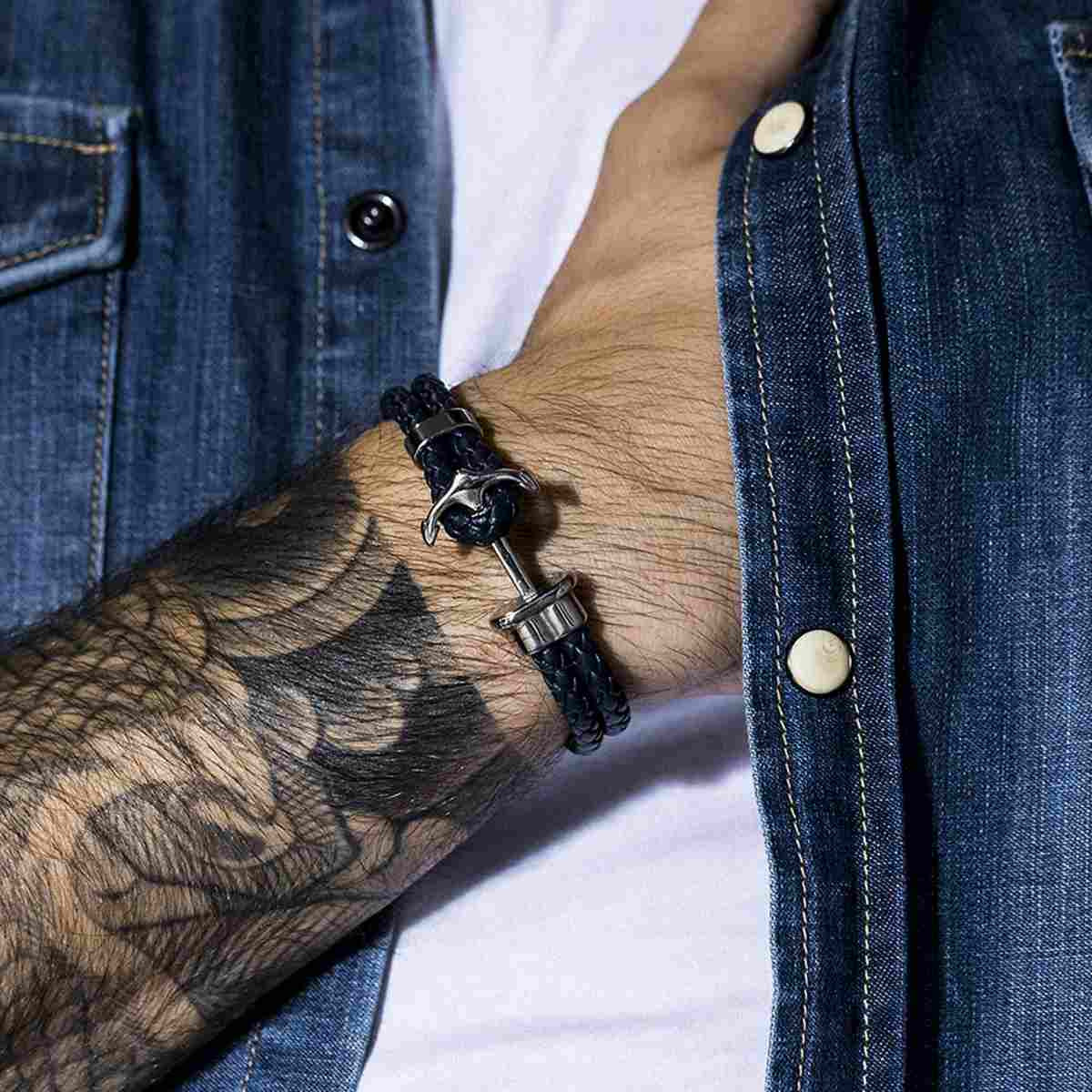 Bracelet Homme double tour cuir bleu marine "ANCHOR" Bracelet Homme en acier "Zander" Taille L