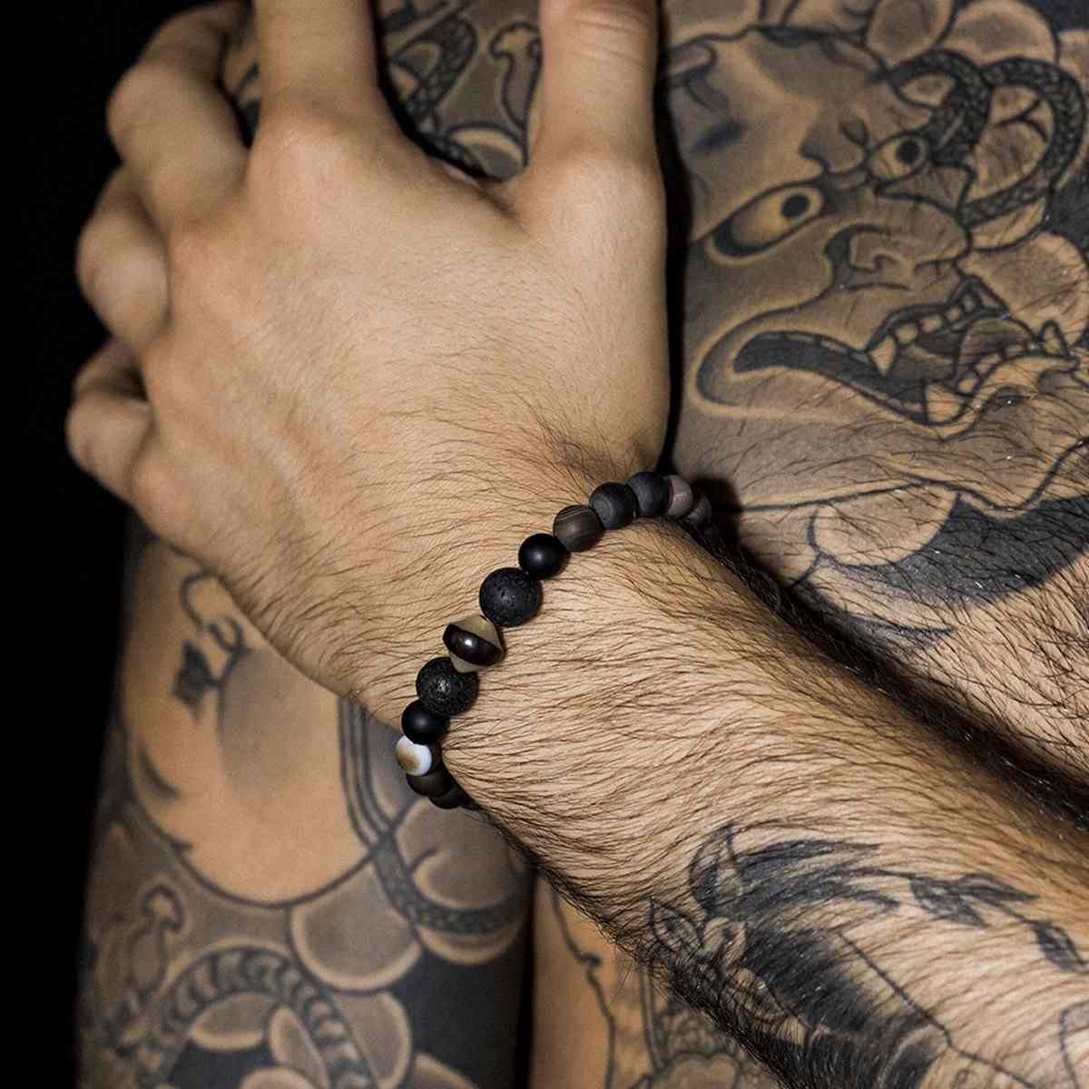 Bracelet Homme ajustable perles volcaniques et obsidiennes "KAMA"