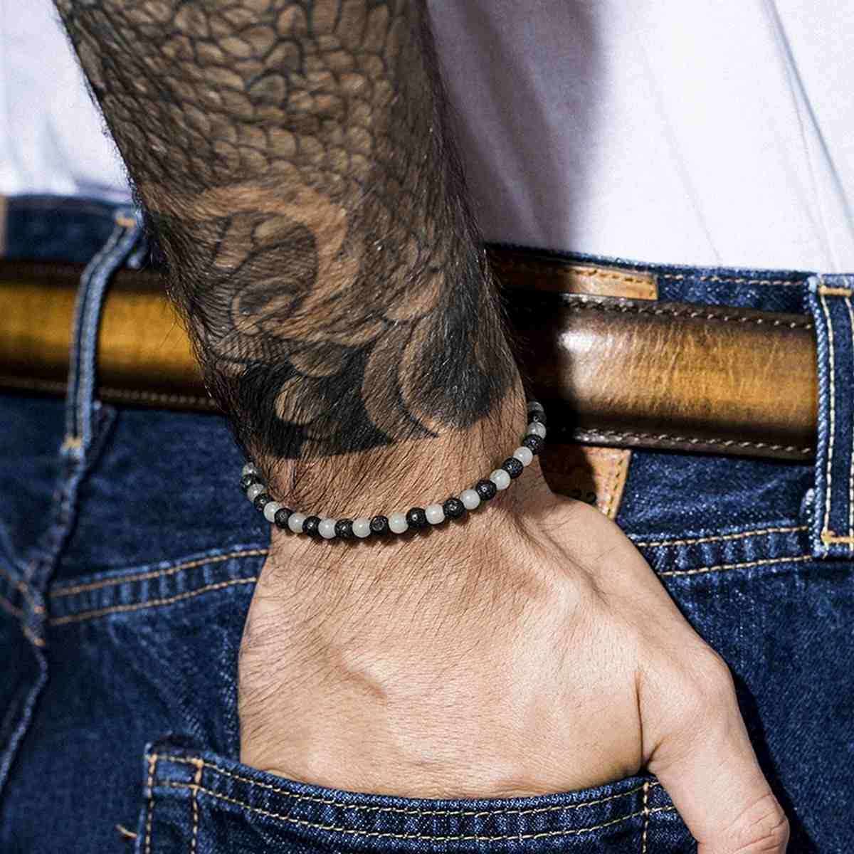 Bracelet Homme ajustable pierres noir et vert d'eau "MACARELLETA"