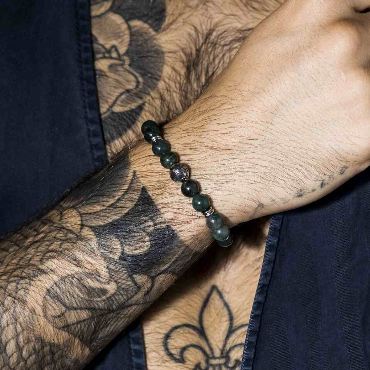 Bracelet Homme élastiqué acier et pierres vertes "CLOUD"