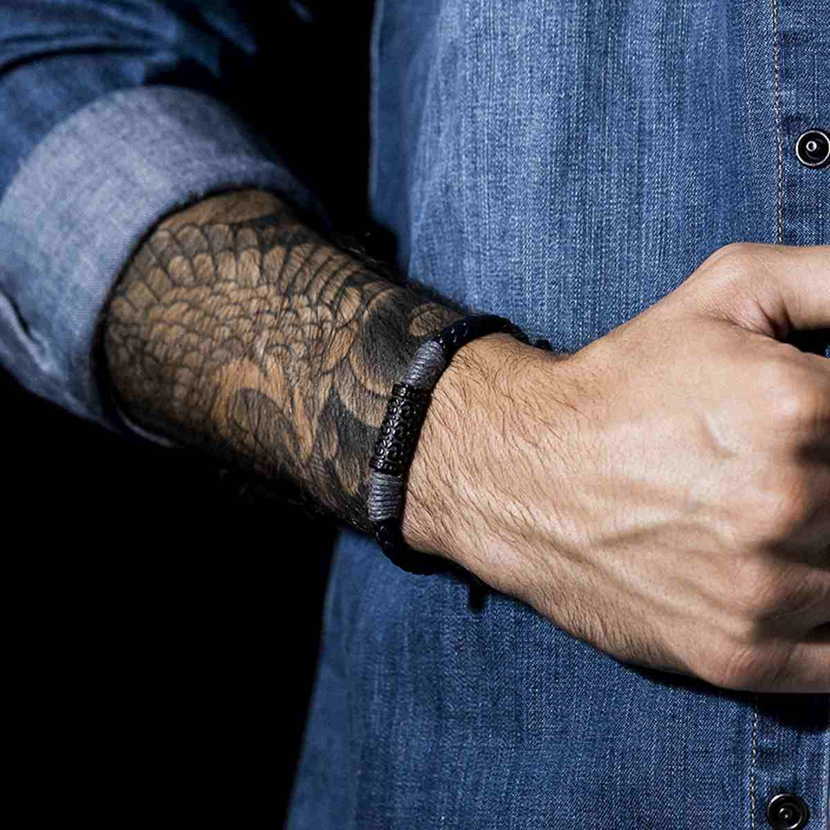 Bracelet Homme cuir noir et détail gris "ROPE"