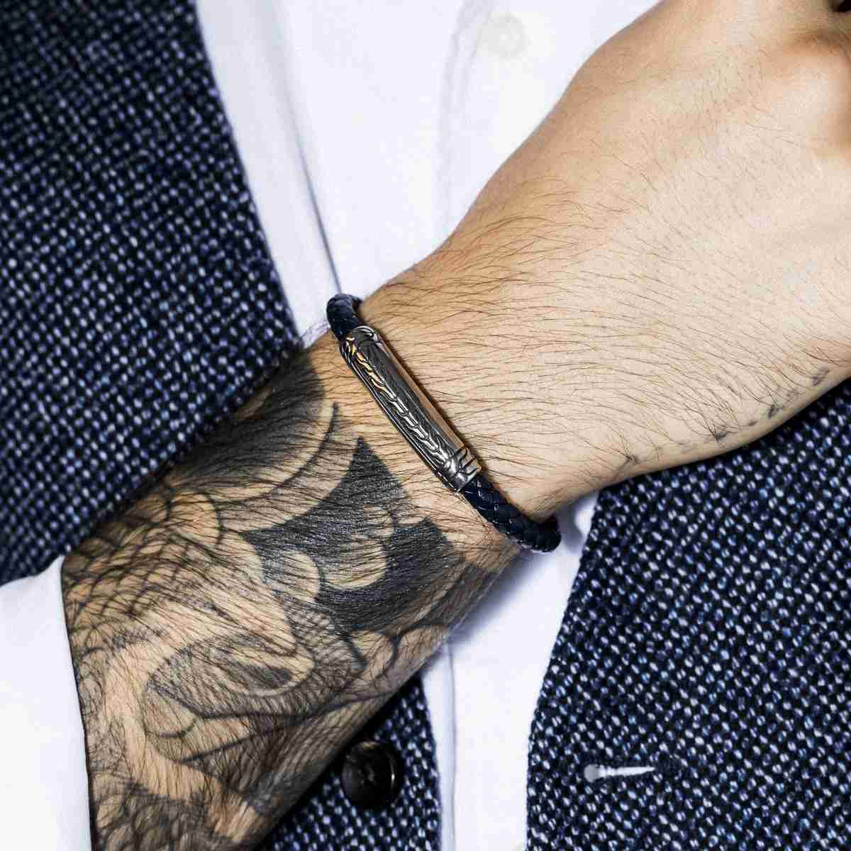 Bracelet Homme cuir noir et acier "RICK "