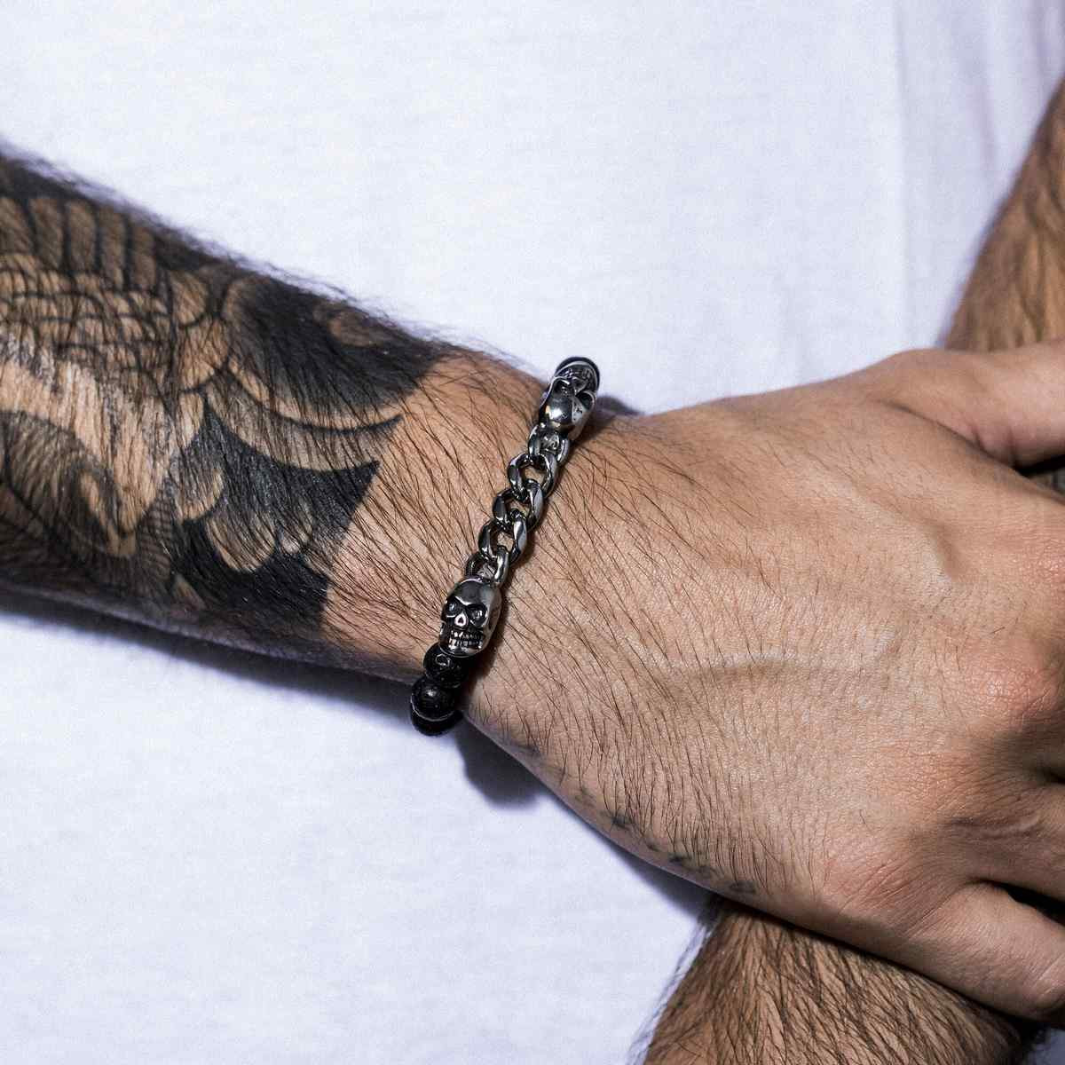 Bracelet Homme à perles noires et chaine en acier "Lyron" Taille L