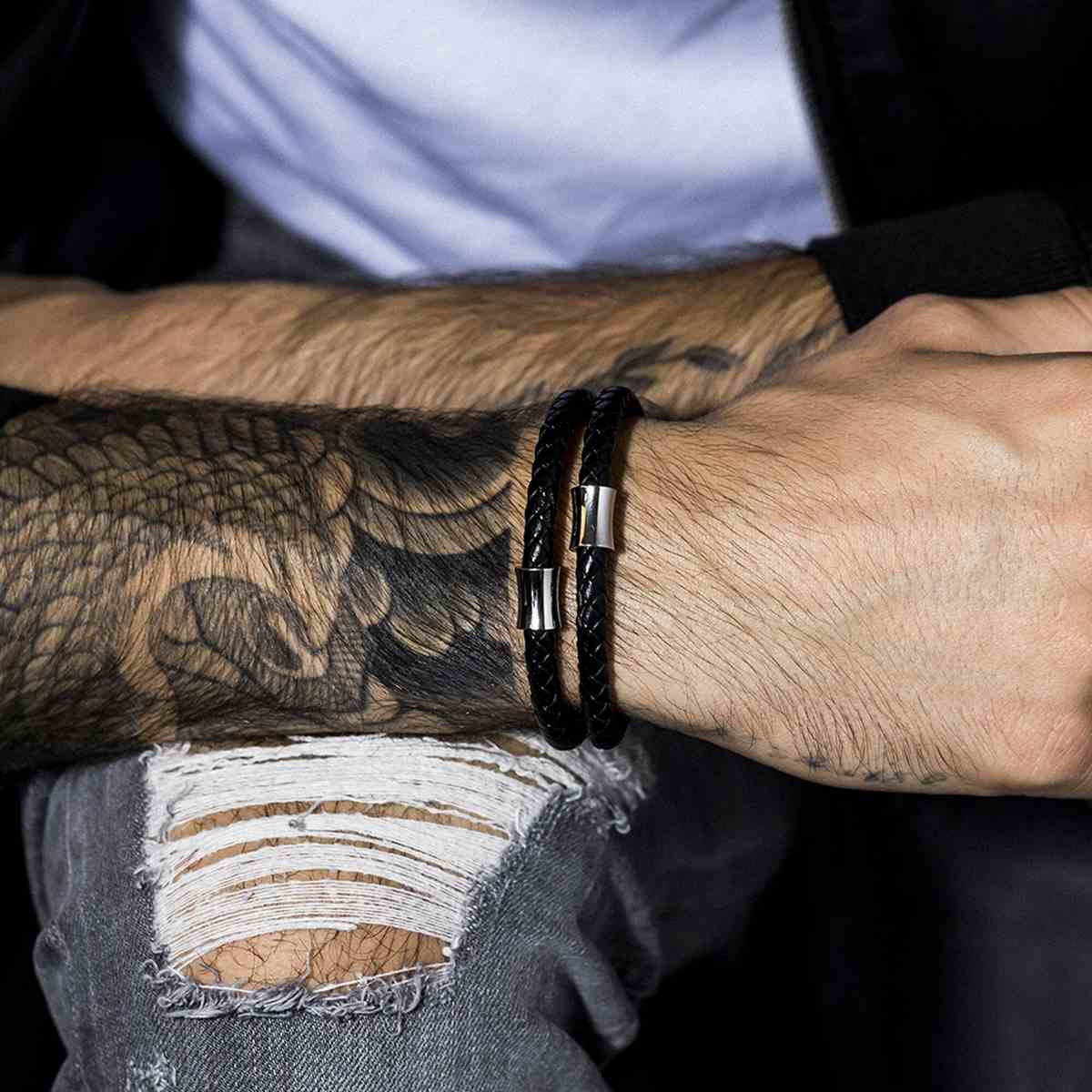 Bracelet Homme double tour cuir noir "STAN"