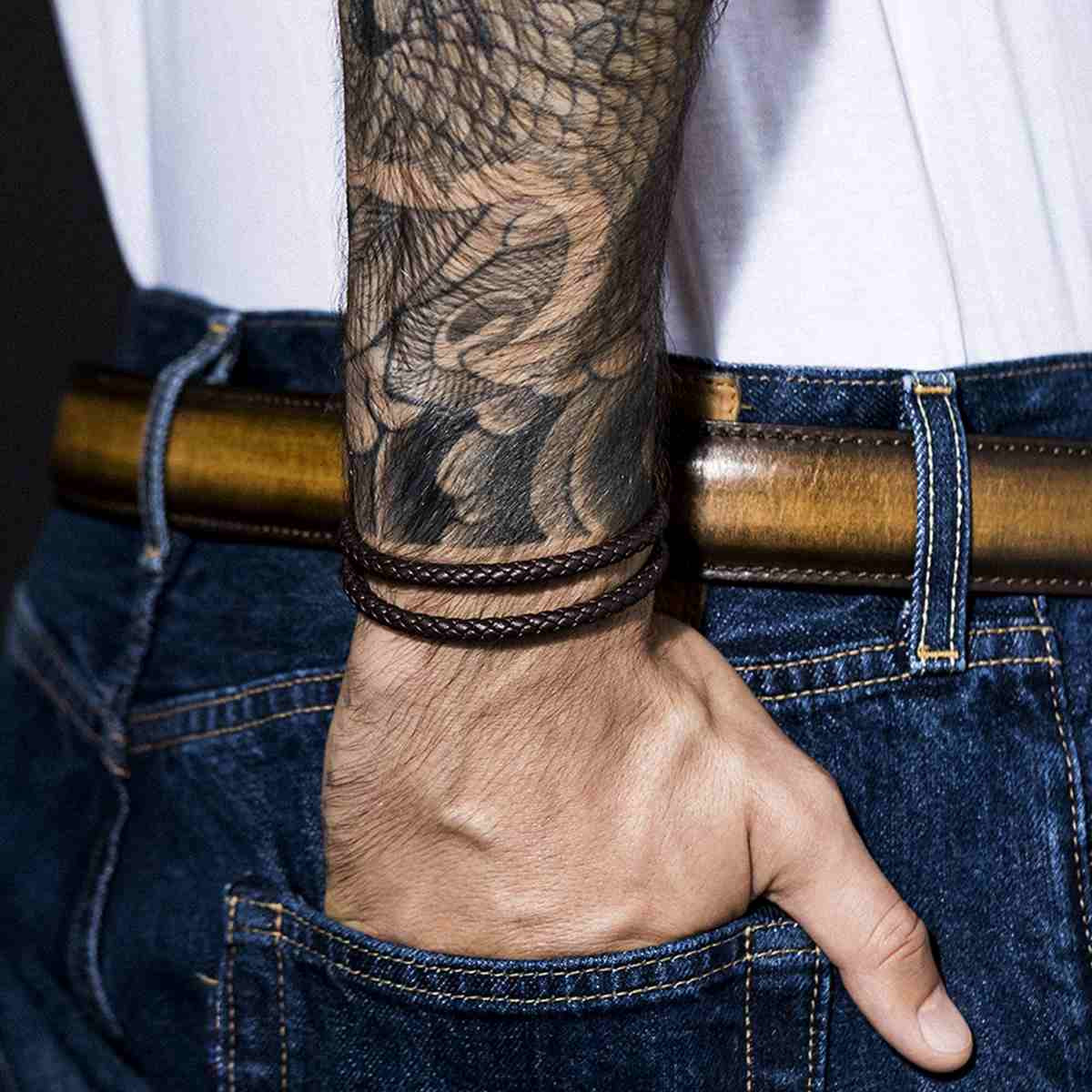 Bracelet Homme double tour cuir noir "HOOKS"