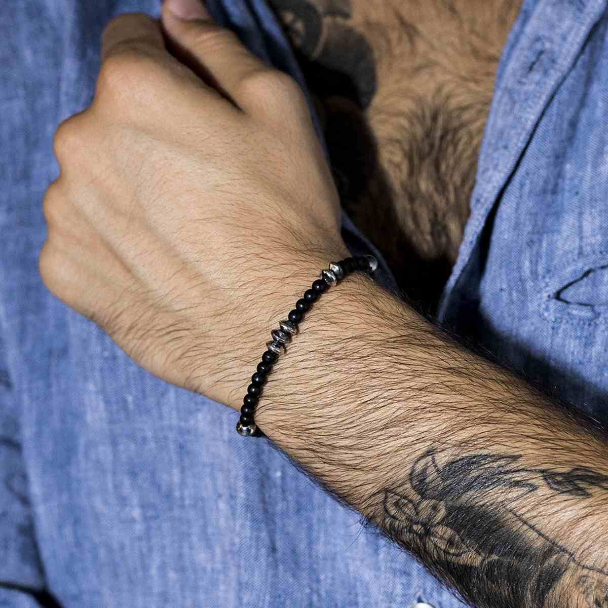 Bracelet Homme "UNAI" avec perles de pierres noires" et Argent 925