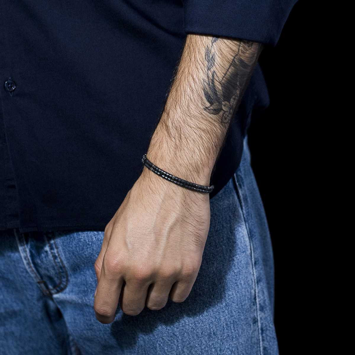 Bracelet Homme ajustable acier et cordon noir YLOS