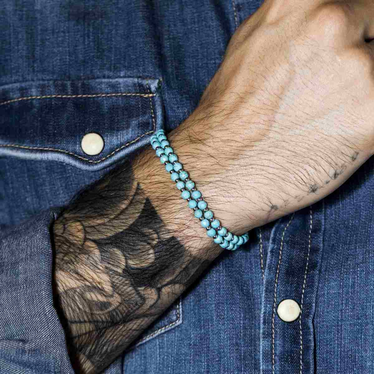 Bracelet cordon double tour avec acier et perles de turquoises