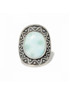 Bague argent massif  avec plateau ovale monté d'une pierre centrale de larimar de forme ovale