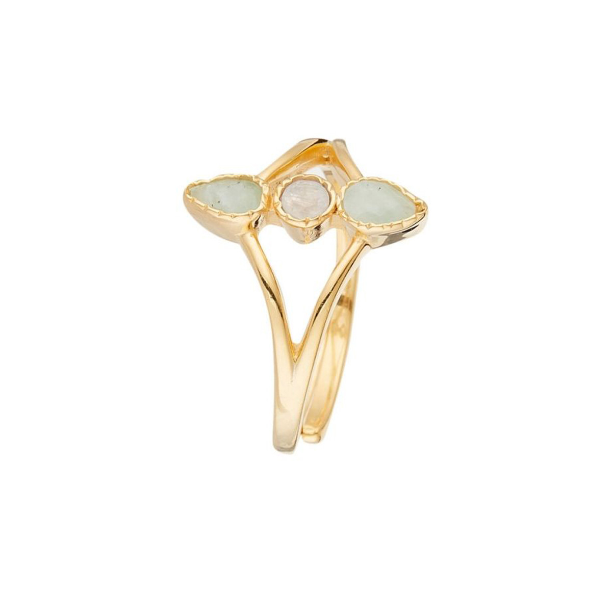 Bague ajustable doré et multipierres Bague ajustable"Constellation" Amazonite verte, Rainbow Moonstone Laiton doré
