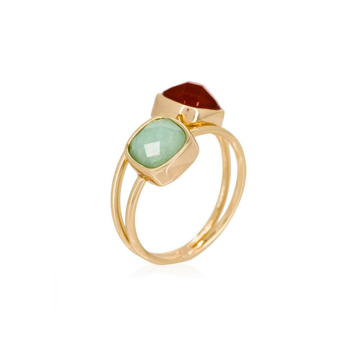 Bague doré et multipierres Bague "Calenda" Amazonite verte et Cornaline rouge Laiton doré